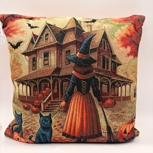 Caldeira Halloween Witch Haunted House Woven Tapestry Feather Pillow Made in UK